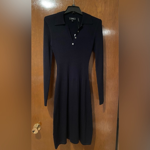 NWT Theory Navy Long Sleeve Rib Knit Polo Dress in Navy, size S - Picture 3 of 8